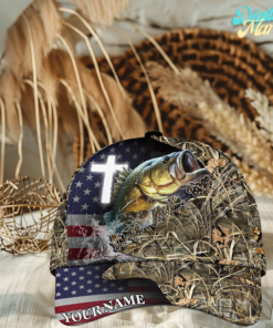 Personalized Large Mouth Bass Fishing Grass Camo And US Flag Pattern Premium Classic 3D Cap