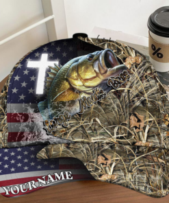 Personalized Large Mouth Bass Fishing Grass Camo And US Flag Pattern Premium Classic 3D Cap