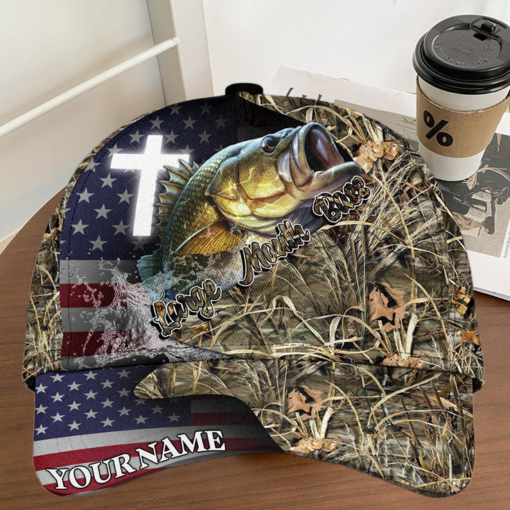 Personalized Large Mouth Bass Fishing Grass Camo And US Flag Pattern Premium Classic 3D Cap