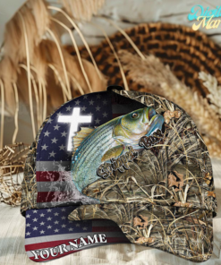 Personalized Stripped Bass Fishing Grass Camo And US Flag Pattern Premium Classic 3D Cap