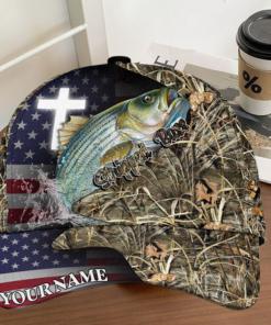 Personalized Stripped Bass Fishing Grass Camo And US Flag Pattern Premium Classic 3D Cap