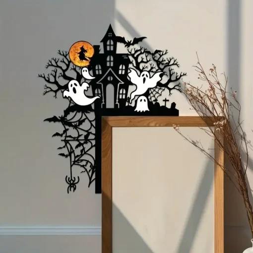 1PC Halloween Haunted Mansion Iron Door Topper with Ghosts, Spooky Silhouette Metal Sign for Home Decor, Festive Halloween Gift