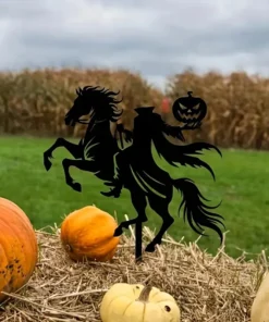 1pc Art Deco Metal Silhouette Garden Stake, Halloween Horseman with Pumpkin Head, Outdoor Lawn & Patio Decor, Floor Mount, No Electricity Needed, Perfect Housewarming Gift