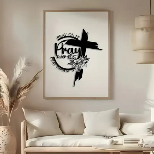 Elegant Minimalist Christmas Metal Sign, "Pray Over It" Cross Wall Art, Modern Craft Plaque for Home, Office, Kitchen, Patio, Shop, Cafe, Bar, Farmhouse Decor, Removable & Reusable, Iron Material, Ideal for New Home, Birthday, Antique Collectors