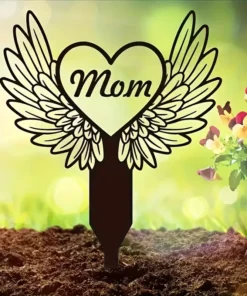 1pc Memorial Garden Stake, Heart With Wings Sympathy Gift, Dad Grave Marker Sign, Outdoor Marker, Garden Stake, In Memory Of, Loss Of Dad, Mom, Black