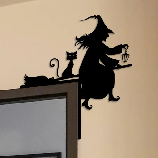 Iron Witch and Cat Door Frame Silhouette Decoration, 1pc, Halloween Festive Decor for Indoor Bedroom, Home Gathering, Exterior Courtyard Sign – Versatile Holiday Ornament for Home and Party Decor