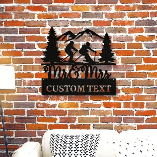 Customizable Metal Wall Sculpture Skiing Couple & Mountain Landscape Ideal for Valentine'S Day, Engagement, Wedding Anniversary Classic Home Decor