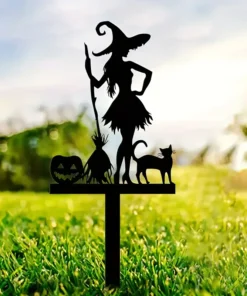 Halloween Metal Garden Stake Fall Pumpkin, Witch With Cat and Broom Design Durable Cast Iron Outdoor Decor for Lawn and Yard