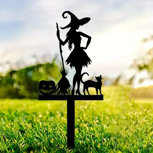 Halloween Metal Garden Stake Fall Pumpkin, Witch With Cat and Broom Design Durable Cast Iron Outdoor Decor for Lawn and Yard