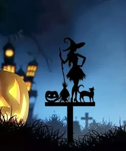 Halloween Metal Garden Stake Fall Pumpkin, Witch With Cat and Broom Design Durable Cast Iron Outdoor Decor for Lawn and Yard