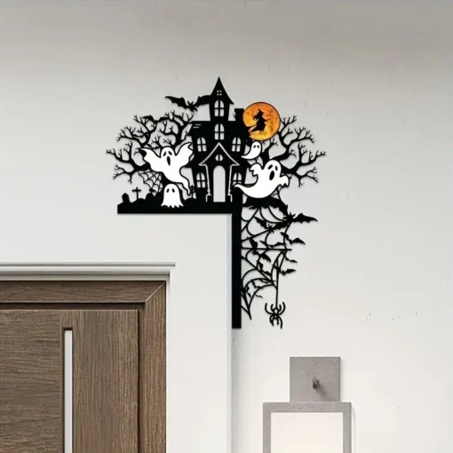 1PC Halloween Haunted Mansion Iron Door Topper with Ghosts, Spooky Silhouette Metal Sign for Home Decor, Festive Halloween Gift