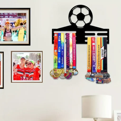 Soccer Medal Hanger Wall Art: 12 Slot Metal Football Award Display, Perfect for Bedroom Or Living Room Decor, Suitable for Indoor Use