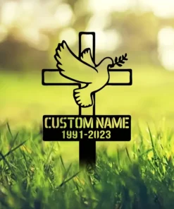 Customizable Metal Memorial Cross with Dove Design and Personalized Name and Dates, Durable Outdoor Metal Sign Stake for Memorials - Applicable for Ages 14+