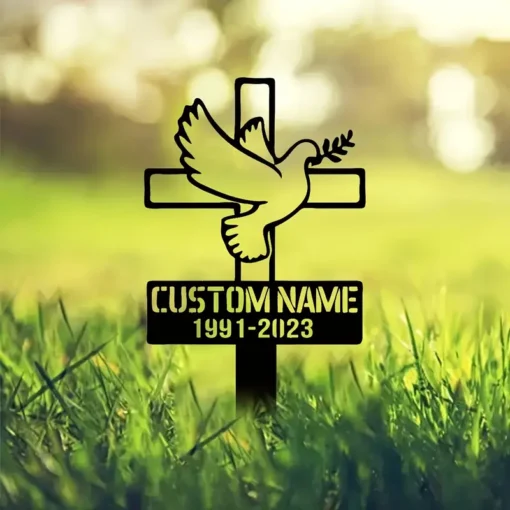 Customizable Metal Memorial Cross with Dove Design and Personalized Name and Dates, Durable Outdoor Metal Sign Stake for Memorials