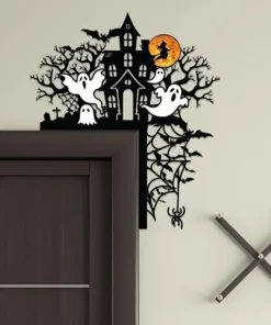 1PC Halloween Haunted Mansion Iron Door Topper with Ghosts, Spooky Silhouette Metal Sign for Home Decor, Festive Halloween Gift