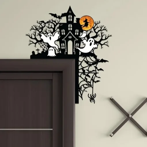 1PC Halloween Haunted Mansion Iron Door Topper with Ghosts, Spooky Silhouette Metal Sign for Home Decor, Festive Halloween Gift