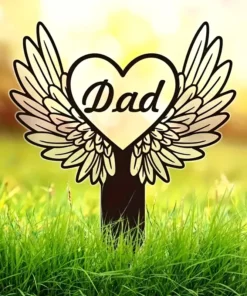1pc Memorial Garden Stake, Heart With Wings Sympathy Gift, Dad Grave Marker Sign, Outdoor Marker, Garden Stake, In Memory Of, Loss Of Dad, Mom, Black