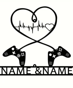 Custom Gaming Couple Metal Sign, Heart & Game Controller Design, Personalized Valentines Day Gift Name Wall Art, Retro Style, Home & Game Room Decor, No Power Needed, Wall Hanging Decorative Plaque