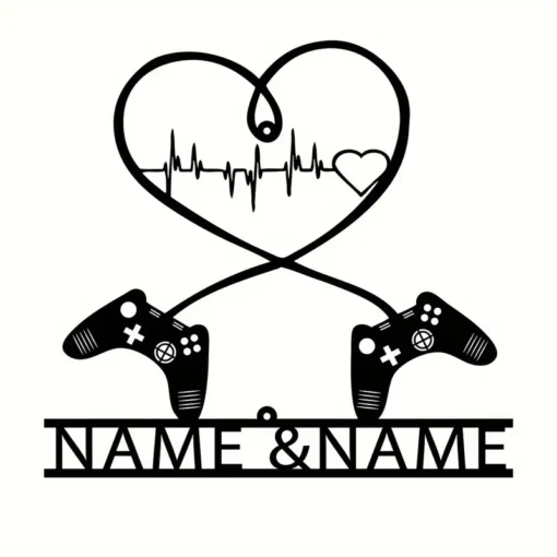 Custom Gaming Couple Metal Sign, Heart & Game Controller Design, Personalized Valentines Day Gift Name Wall Art, Retro Style, Home & Game Room Decor, No Power Needed, Wall Hanging Decorative Plaque