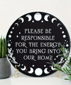 Vintage Round Metal Tin Sign Plaque Please Be Responsible For The Energy You Bring Into Our Home Inspirational Quote, Wall Hanging Decor for Home, Bar, Cafe, Multipurpose Welcome Sign