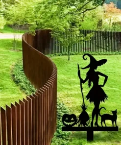 Halloween Metal Garden Stake Fall Pumpkin, Witch With Cat and Broom Design Durable Cast Iron Outdoor Decor for Lawn and Yard