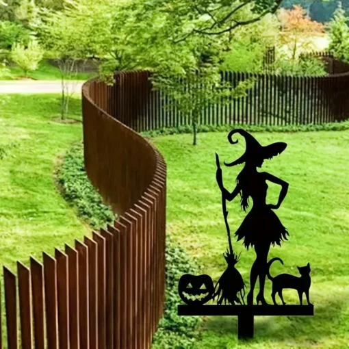 Halloween Metal Garden Stake Fall Pumpkin, Witch With Cat and Broom Design Durable Cast Iron Outdoor Decor for Lawn and Yard