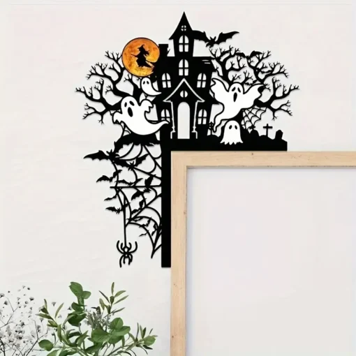 1PC Halloween Haunted Mansion Iron Door Topper with Ghosts, Spooky Silhouette Metal Sign for Home Decor, Festive Halloween Gift