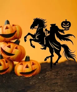 1pc Art Deco Metal Silhouette Garden Stake, Halloween Horseman with Pumpkin Head, Outdoor Lawn & Patio Decor, Floor Mount, No Electricity Needed, Perfect Housewarming Gift