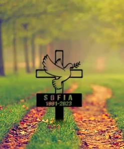 Customizable Metal Memorial Cross with Dove Design and Personalized Name and Dates, Durable Outdoor Metal Sign Stake for Memorials - Applicable for Ages 14+
