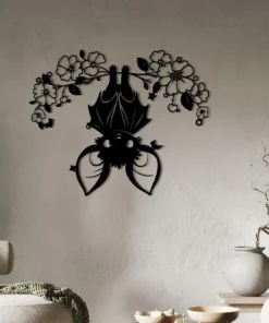 Charming Metal Bat & Floral Wall Art - Sleepy Bats on Branches, Ideal for Garden Decor, Halloween, and Animal Enthusiasts - Unique Gift Idea, for Halloween