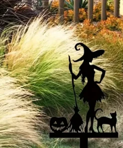 Halloween Metal Garden Stake Fall Pumpkin, Witch With Cat and Broom Design Durable Cast Iron Outdoor Decor for Lawn and Yard