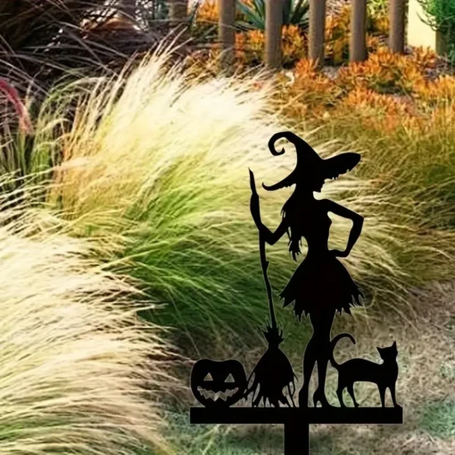 Halloween Metal Garden Stake Fall Pumpkin, Witch With Cat and Broom Design Durable Cast Iron Outdoor Decor for Lawn and Yard