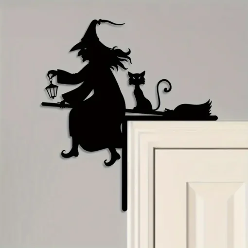 Iron Witch and Cat Door Frame Silhouette Decoration, 1pc, Halloween Festive Decor for Indoor Bedroom, Home Gathering, Exterior Courtyard Sign – Versatile Holiday Ornament for Home and Party Decor