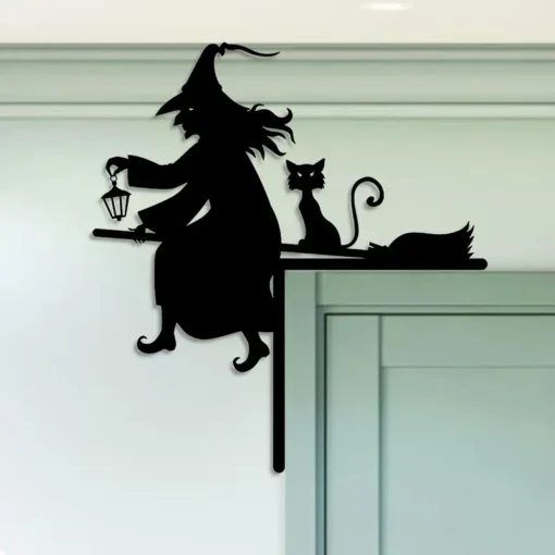 Iron Witch and Cat Door Frame Silhouette Decoration, 1pc, Halloween Festive Decor for Indoor Bedroom, Home Gathering, Exterior Courtyard Sign – Versatile Holiday Ornament for Home and Party Decor