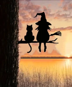 Witch and Cat Metal Silhouette Wall Art - Perfect for Home, Garden, Patio Decor | Ideal Birthday & Housewarming Gift