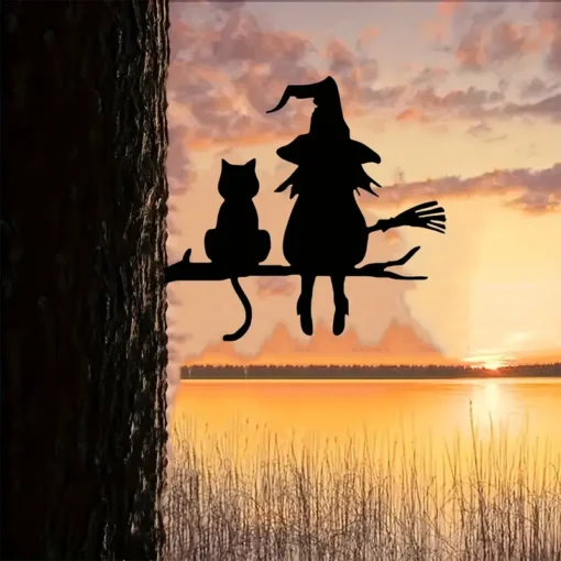 Witch and Cat Metal Silhouette Wall Art - Perfect for Home, Garden, Patio Decor | Ideal Birthday & Housewarming Gift