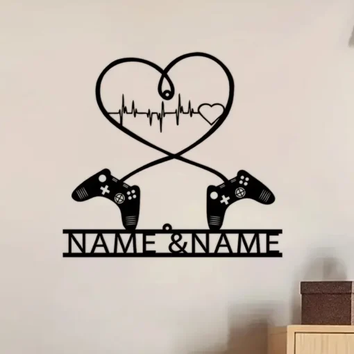 Custom Gaming Couple Metal Sign, Heart & Game Controller Design, Personalized Valentines Day Gift Name Wall Art, Retro Style, Home & Game Room Decor, No Power Needed, Wall Hanging Decorative Plaque