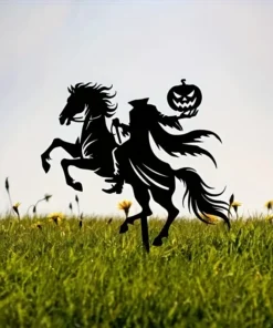 1pc Art Deco Metal Silhouette Garden Stake, Halloween Horseman with Pumpkin Head, Outdoor Lawn & Patio Decor, Floor Mount, No Electricity Needed, Perfect Housewarming Gift