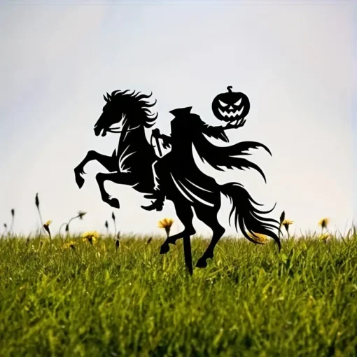 1pc Art Deco Metal Silhouette Garden Stake, Halloween Horseman with Pumpkin Head, Outdoor Lawn & Patio Decor, Floor Mount, No Electricity Needed, Perfect Housewarming Gift