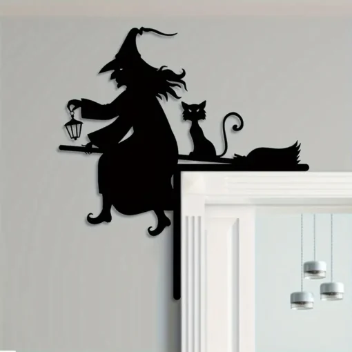 Iron Witch and Cat Door Frame Silhouette Decoration, 1pc, Halloween Festive Decor for Indoor Bedroom, Home Gathering, Exterior Courtyard Sign – Versatile Holiday Ornament for Home and Party Decor