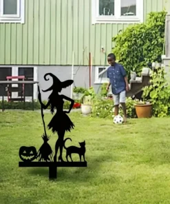 Halloween Metal Garden Stake Fall Pumpkin, Witch With Cat and Broom Design Durable Cast Iron Outdoor Decor for Lawn and Yard