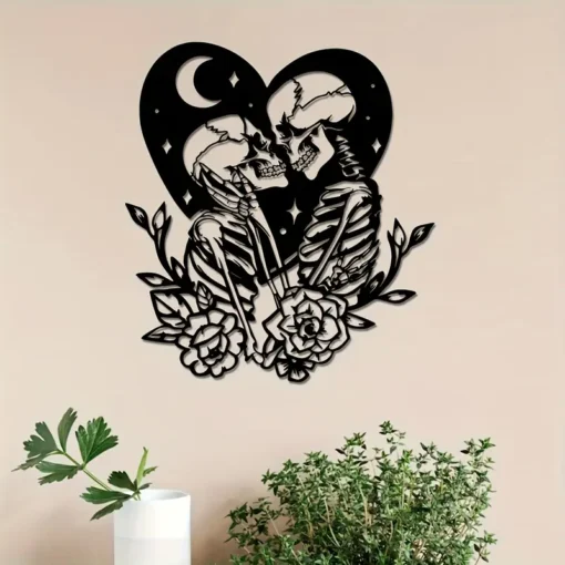 Romantic Skeleton Couple Metal Wall Art Perfect for Bedroom, Living Room Decor & Valentine's Day Gift, Durable Iron Skull Lovers Hanging Decoration, Ideal Housewarming Present