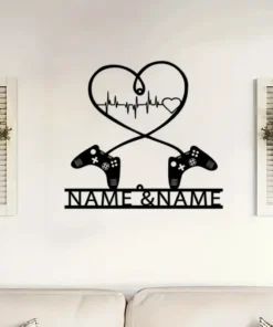 Custom Gaming Couple Metal Sign, Heart & Game Controller Design, Personalized Valentines Day Gift Name Wall Art, Retro Style, Home & Game Room Decor, No Power Needed, Wall Hanging Decorative Plaque