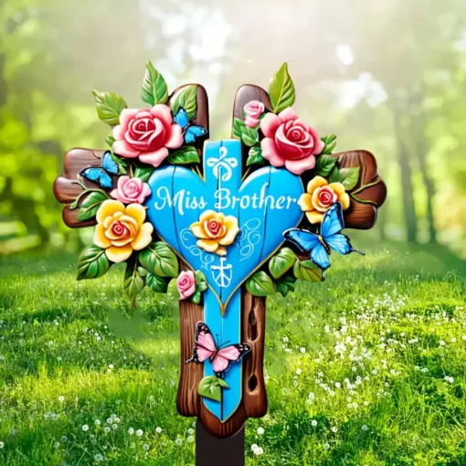 Art Deco Style Miss Brother Memorial Cross Garden Stake, Family Themed Plastic Floor Mount, with Butterflies and Flowers, for Outdoor Sympathy Remembrance Decor, Easter, Christmas, Halloween, Thanksgiving, 2D Acrylic Decorative Plaque for Brother Grave