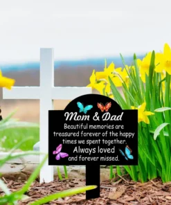 Classic Style Memorial Garden Stake for Mom & Dad Vinyl, Floor Mount, No Electricity Needed, Thanksgiving Remembrance, Weatherproof Cemetery Tribute, Personalized Figures and People Themed Grave Marker Plaque