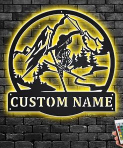 Custom Freestyle Skiing Metal Wall Art With LED Light, Personalized Freestyle Skier Name Sign Decoration For Room, Skiing Metal Home Decor