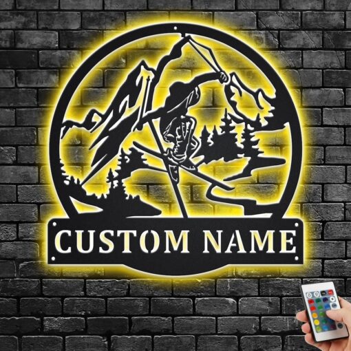 Custom Freestyle Skiing Metal Wall Art With LED Light, Personalized Freestyle Skier Name Sign Decoration For Room, Skiing Metal Home Decor