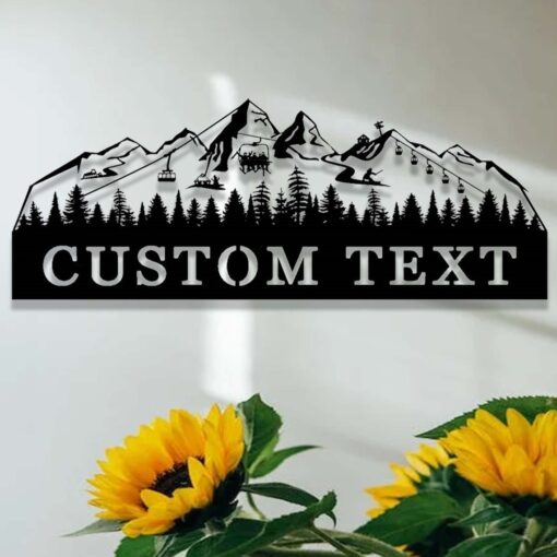 Custom Skiing Metal Sign,Ski Mountain Scene Metal Wall Art,Ski Home Decor,Personalized Skier Name Sign,Ski Lift Chair Sign,Snow Skiing Sign