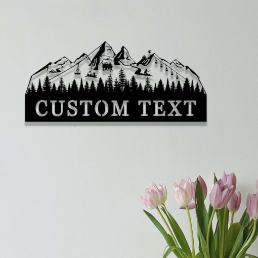 Custom Skiing Metal Sign,Ski Mountain Scene Metal Wall Art,Ski Home Decor,Personalized Skier Name Sign,Ski Lift Chair Sign,Snow Skiing Sign