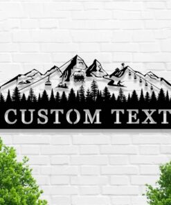 Custom Skiing Metal Sign,Ski Mountain Scene Metal Wall Art,Ski Home Decor,Personalized Skier Name Sign,Ski Lift Chair Sign,Snow Skiing Sign